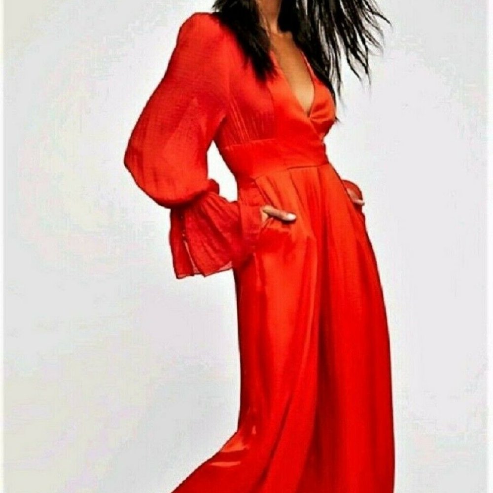 Free People "Not Your Baby" Jumpsuit  Red Satin 2